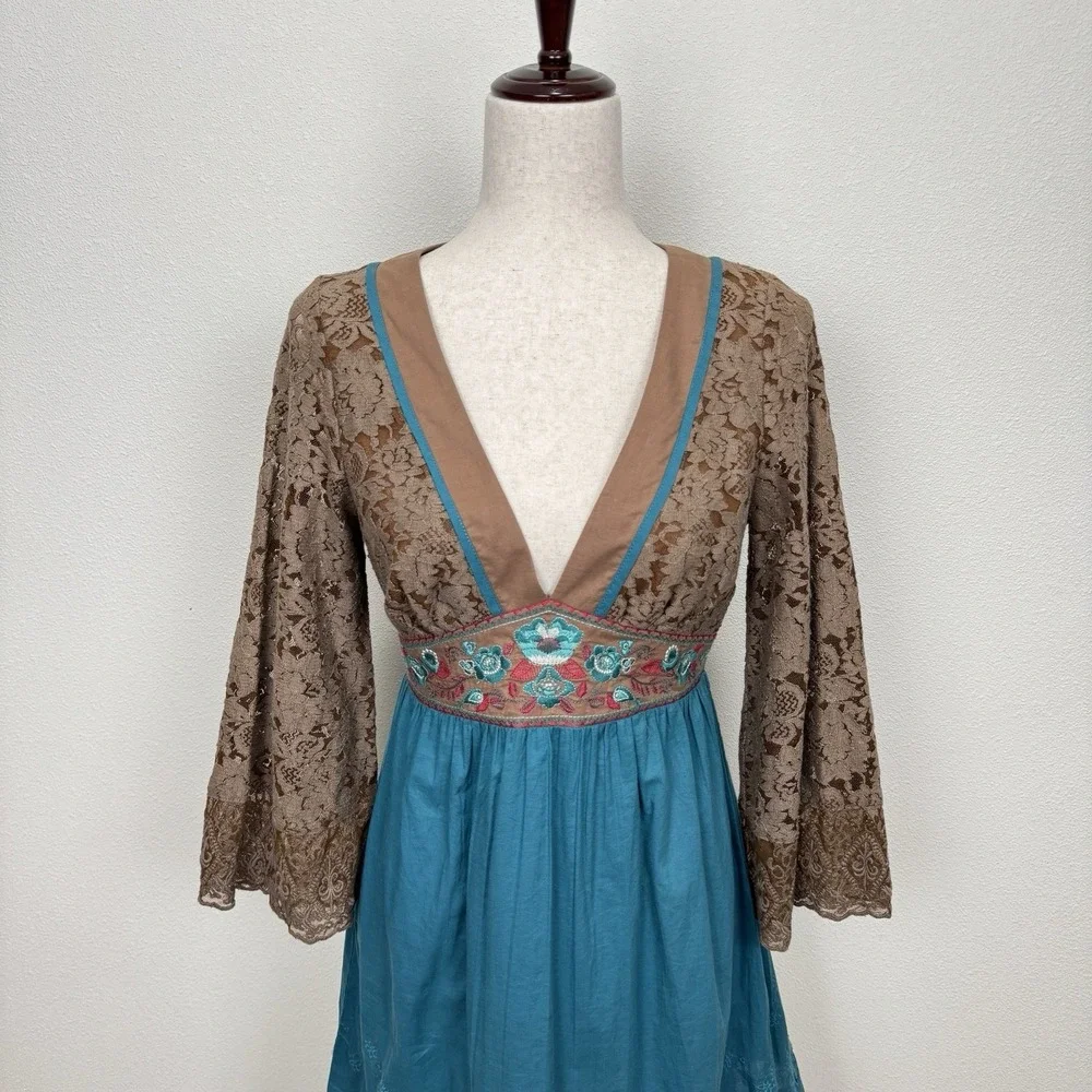 Vtg 90s Flying Tomato‎ Dress Womens Small Blue Empire Waist Crochet Boho Indie - Picture 3 of 16